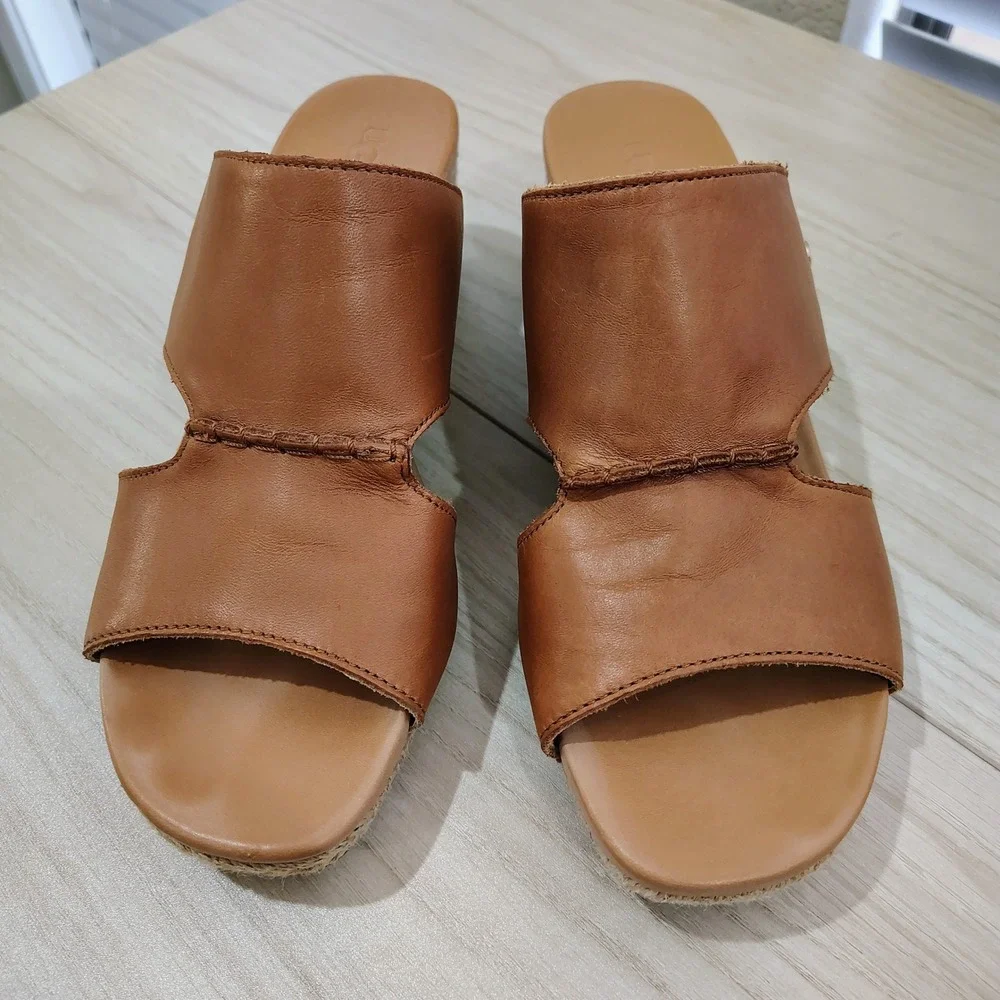 UGG Eirene Espadrille Wedge Sandals Women 10 Brown Leather Jute Boho Chic Resort